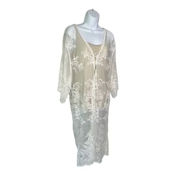 Downtown Threads Lace Elbow Length Tie Front Kimono Swim Coverup - Picture 2 of 11